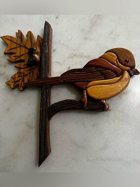 Handcrafted Intarsia Wood Bird Chickadee Wall Hanging Art  Glass Eye.